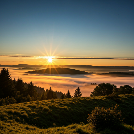 Sunrise over foggy hills