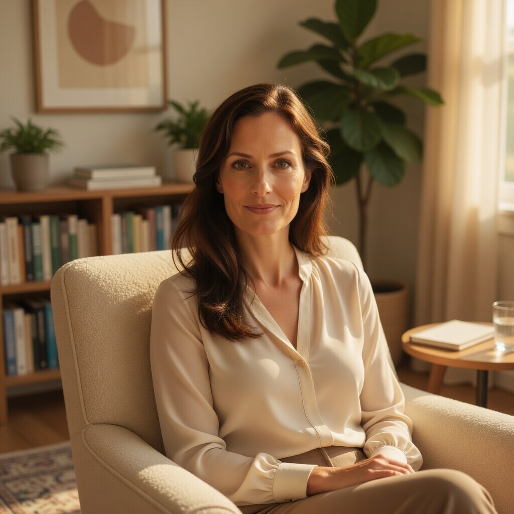 Serene woman in soft knit sweater holding a warm ceramic cup, sitting in soft natural afternoon light, feeling contemplative