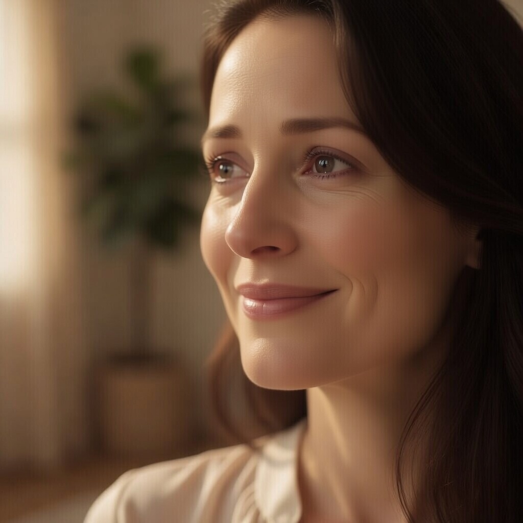 Close-up portrait of a woman looking thoughtfully into soft morning light, warm tones, high-end editorial aesthetic, soft focus background